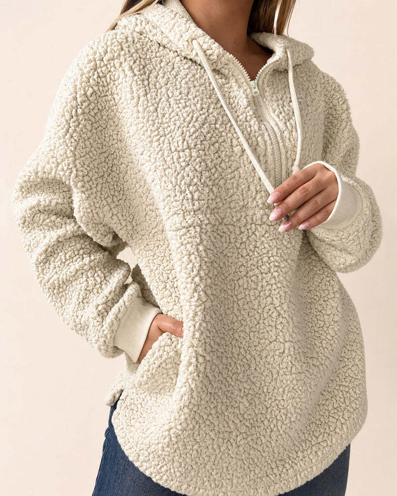 Women's Half-Zip Fleece Hoodie Loose Fit Drawstring Split Hem Pullover