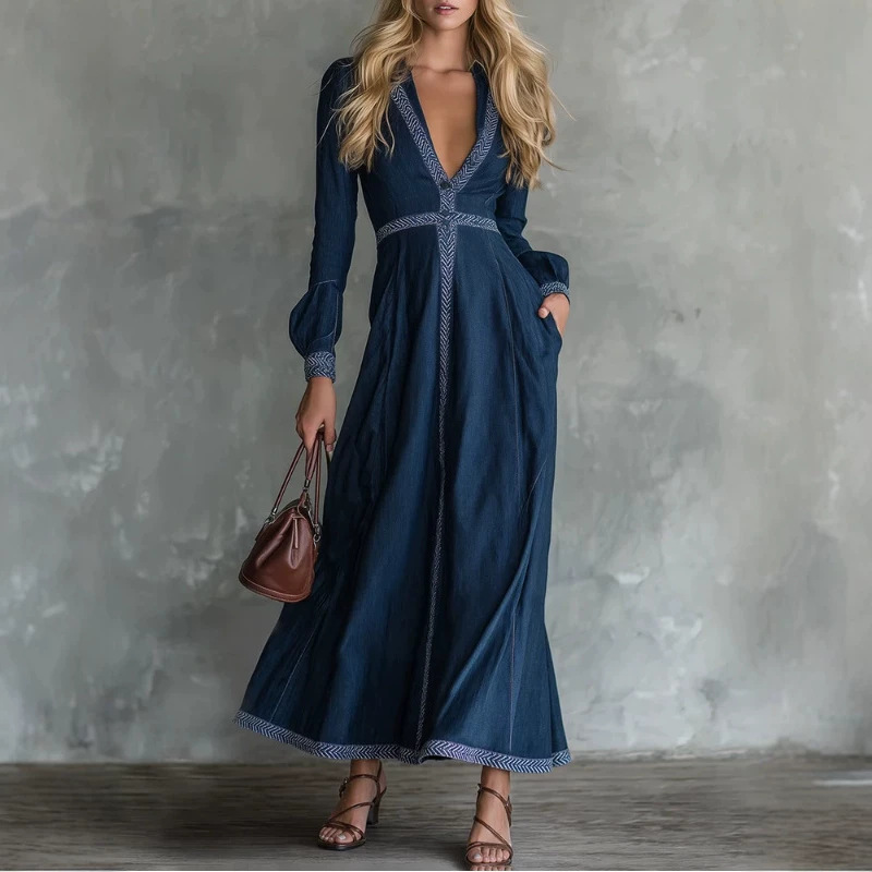 Bohemian V-Neck Cinched-Waist Denim Dress