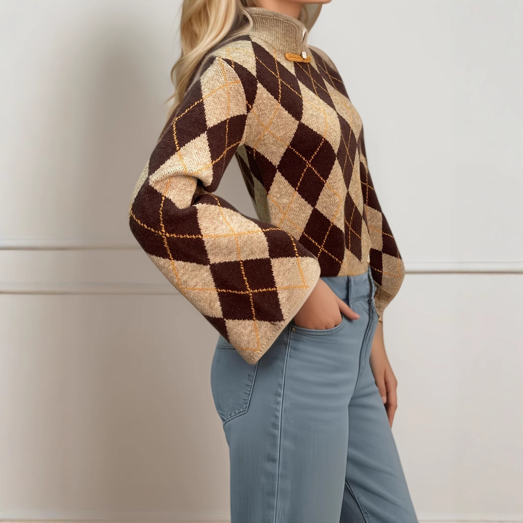 Chinese-Style Flared-Sleeve Ruyi Button Stand-Collar Jacquard Knit Top