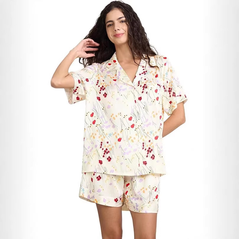 Women's Cuban Collar Satin Striped Print Short Sleeve Shirt Set