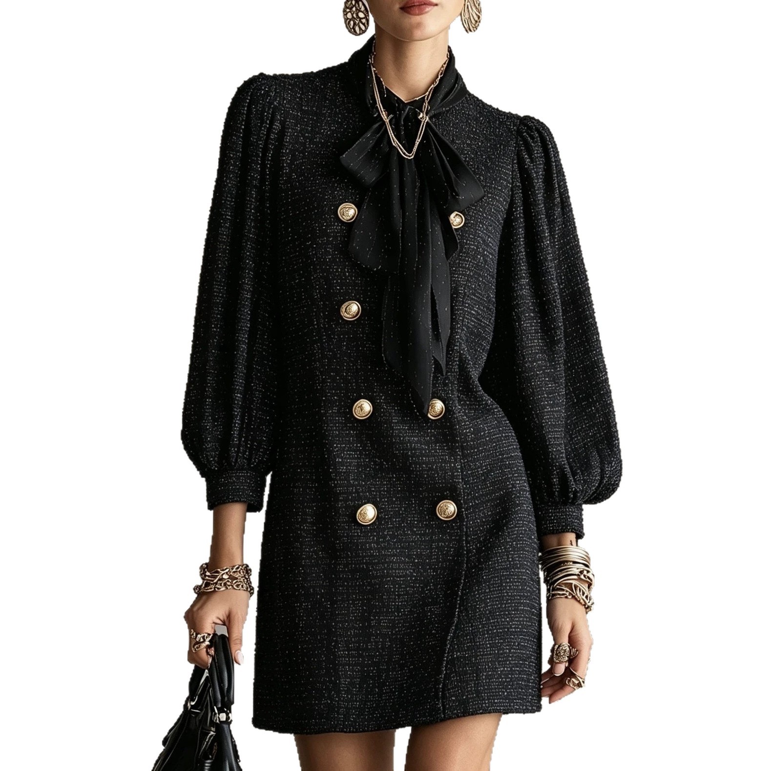 Double-Breasted Bow-Collar Mini Dress