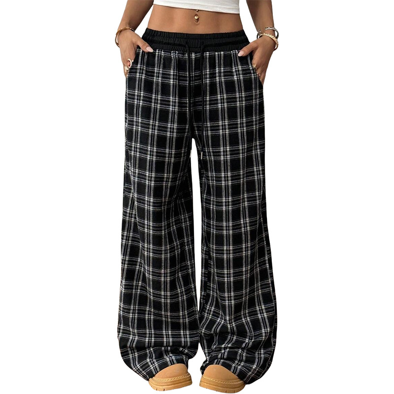Retro Plaid Wide-Leg Lounge Pants High-Waist Color-Block Casual