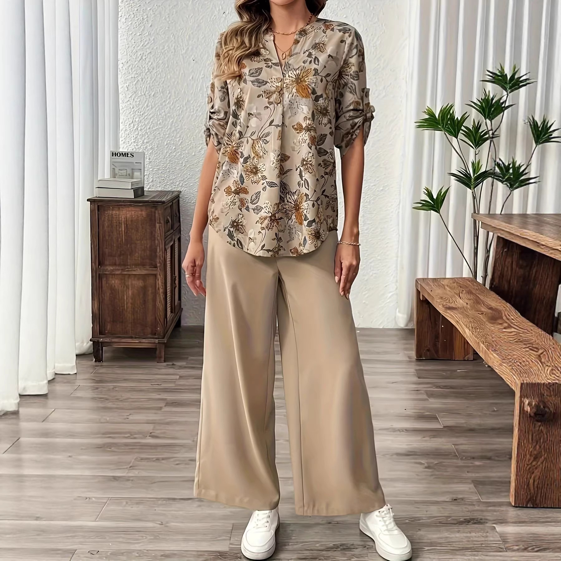 Khaki Floral Print High-Waist Wide-Leg Shirt and Pants Set
