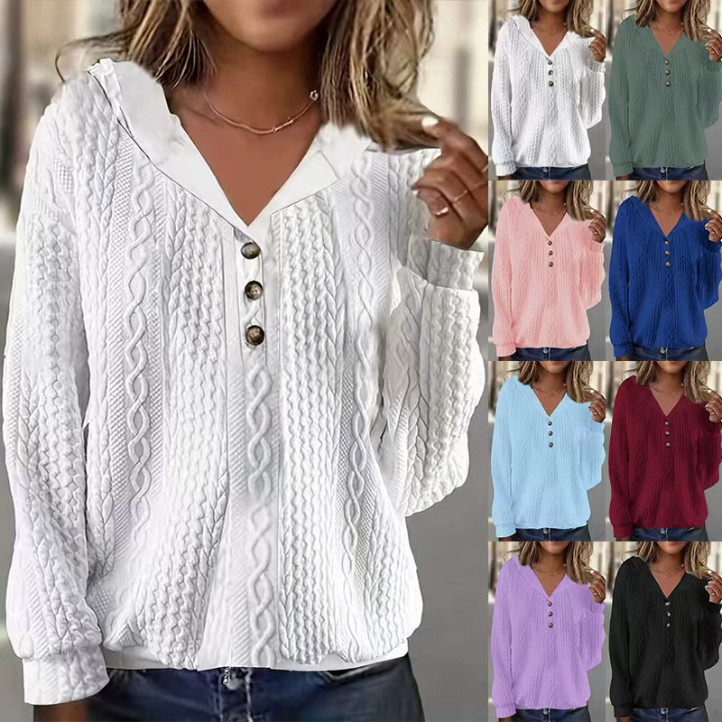 Women's Random Print Hooded Button Pullover Sweatshirt Long Sleeve