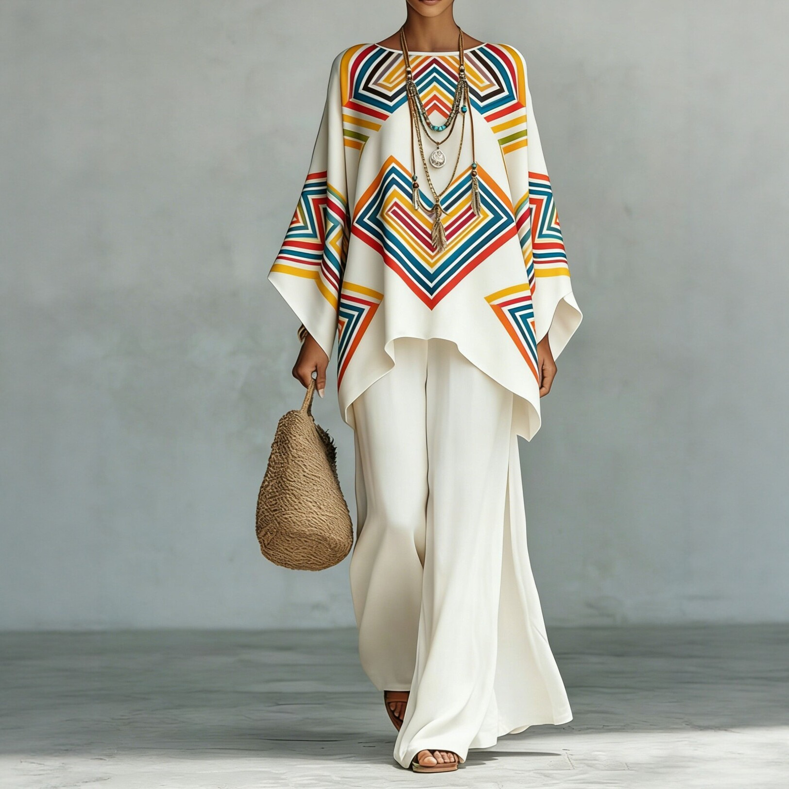 Printed Round Neck Top and Wide-Leg Pants Casual Two-Piece Set