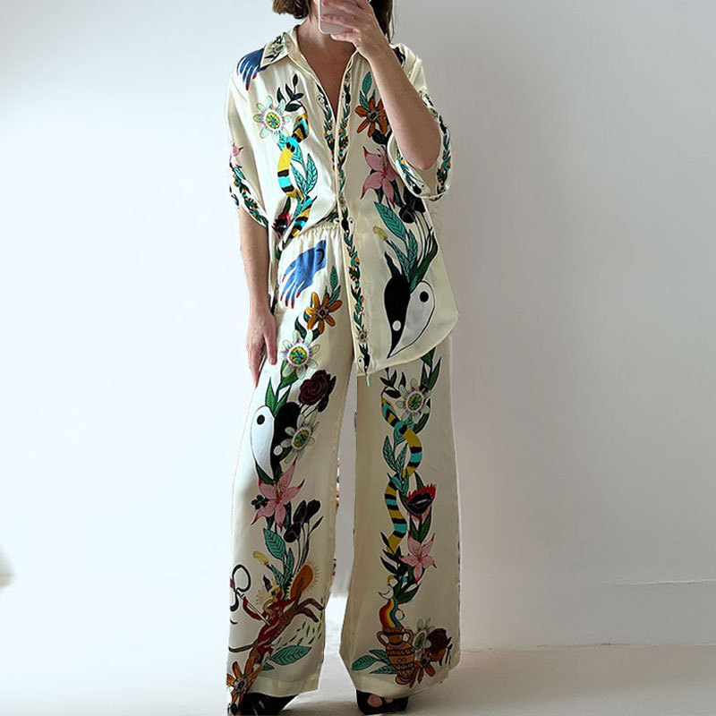 Women's Printed Collared Button-Front Shirt and Pants Casual Set