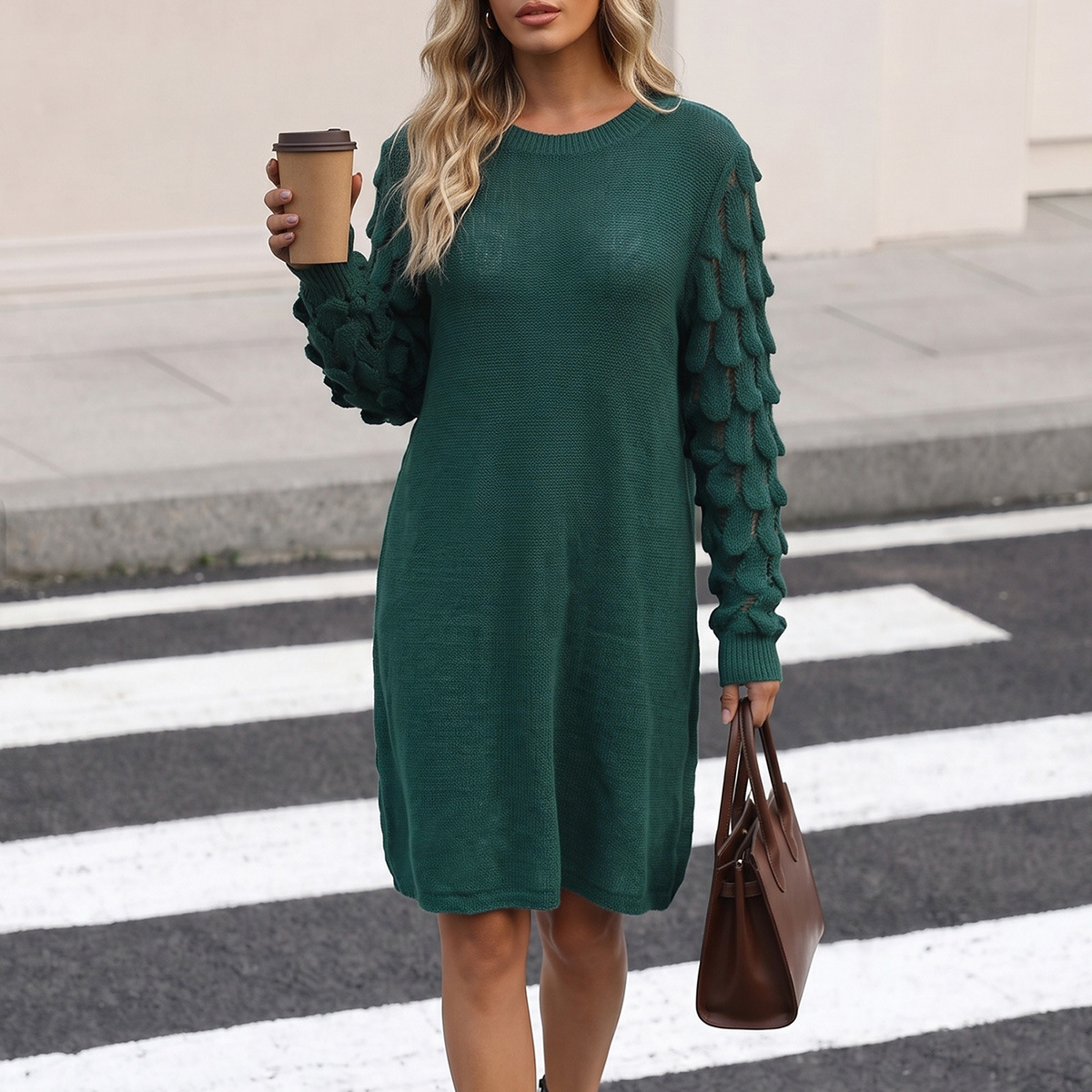 Women's Loose Fit Solid Color Round Neck Knit Sweater Dress with 3D Jacquard Sleeves