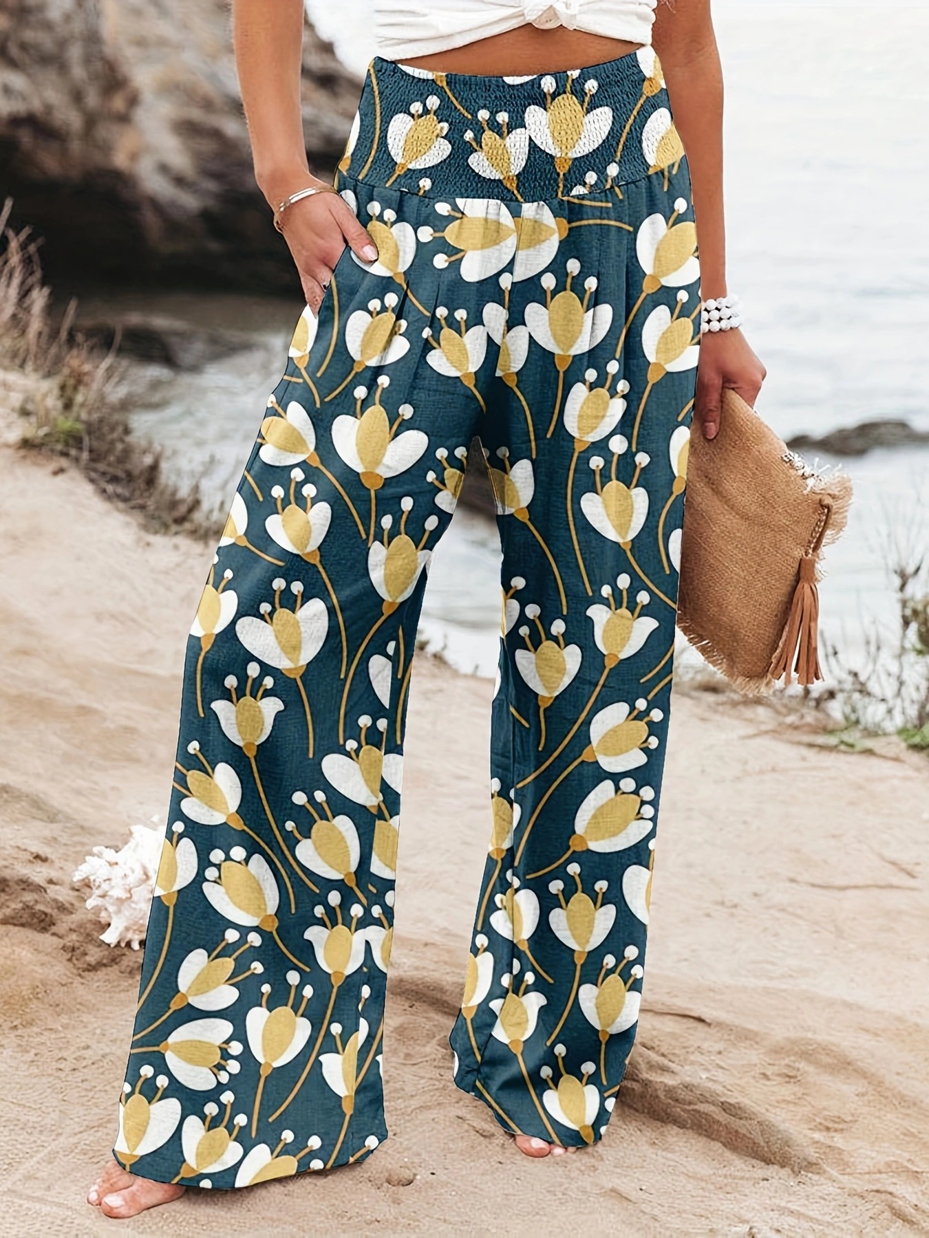 Women's Wide-Leg Printed Casual Pants High Waist Loose Fit