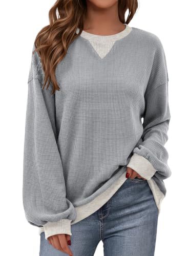 Waffle Knit Long Sleeve Crewneck Pullover Top for Women