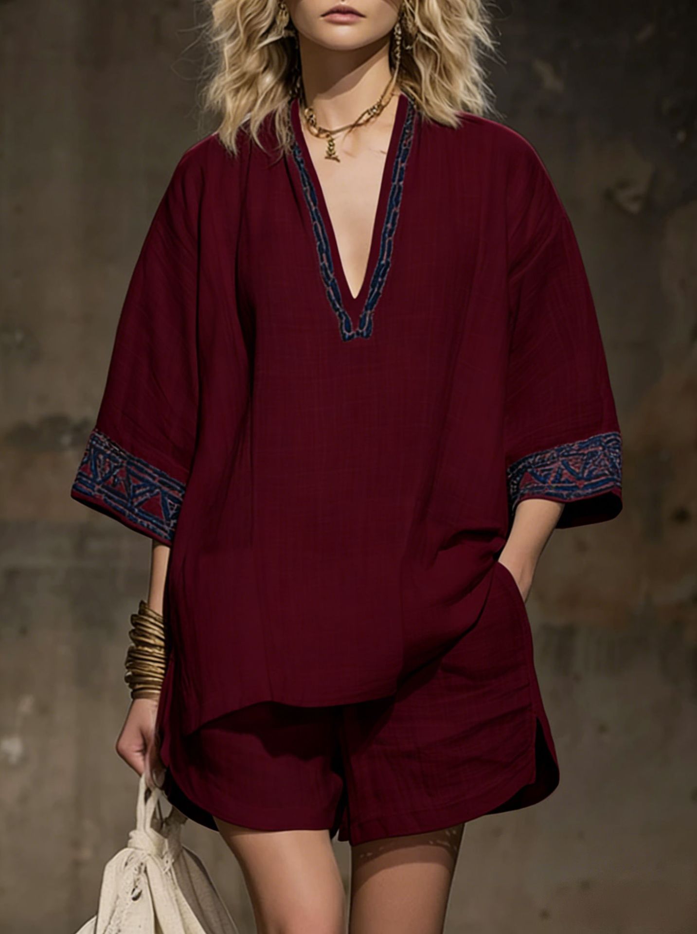 Bohemian Linen Print V-Neck Short Sleeve Shorts Women's Casual Set