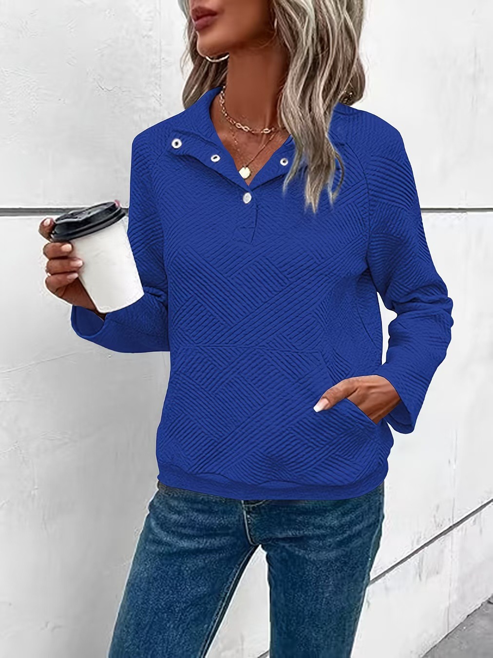 Solid Textured Buttoned Collared Long-Sleeve Sweatshirt Loose Fit