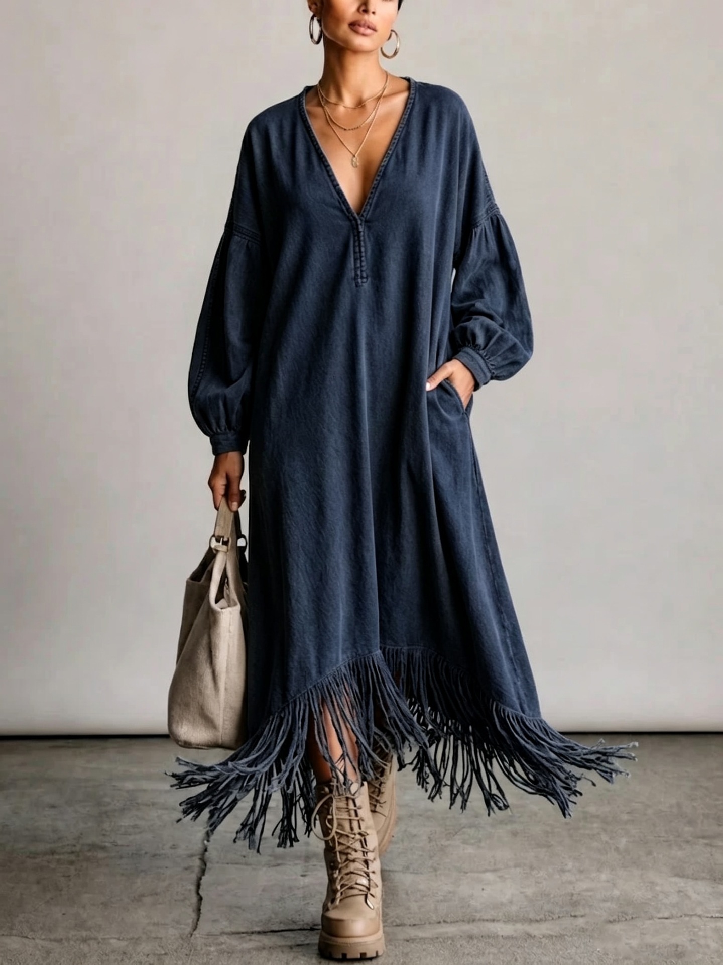 Distressed Washed V-Neck Lantern Sleeve Fringe Maxi Dress with Pockets