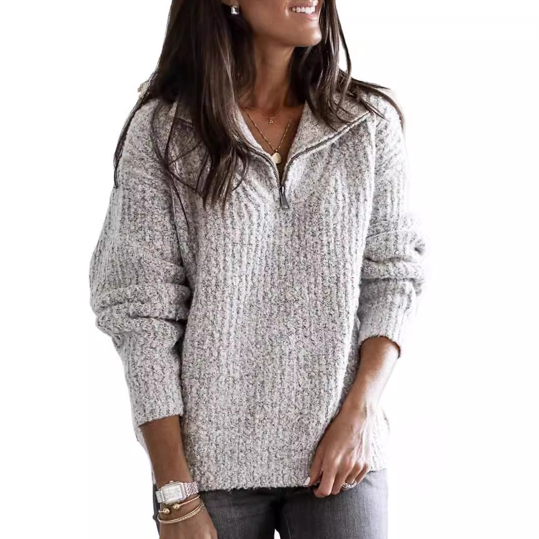 Women's Zip-Up Knit Pullover Sweater Long Sleeve Crew Neck