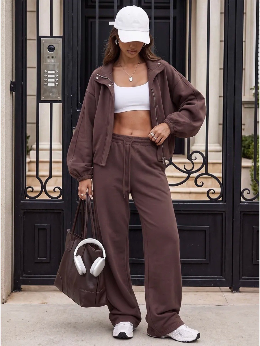 Women's Full-Zip Tracksuit Set with Waist-Cinching Jacket and Wide-Leg Pants