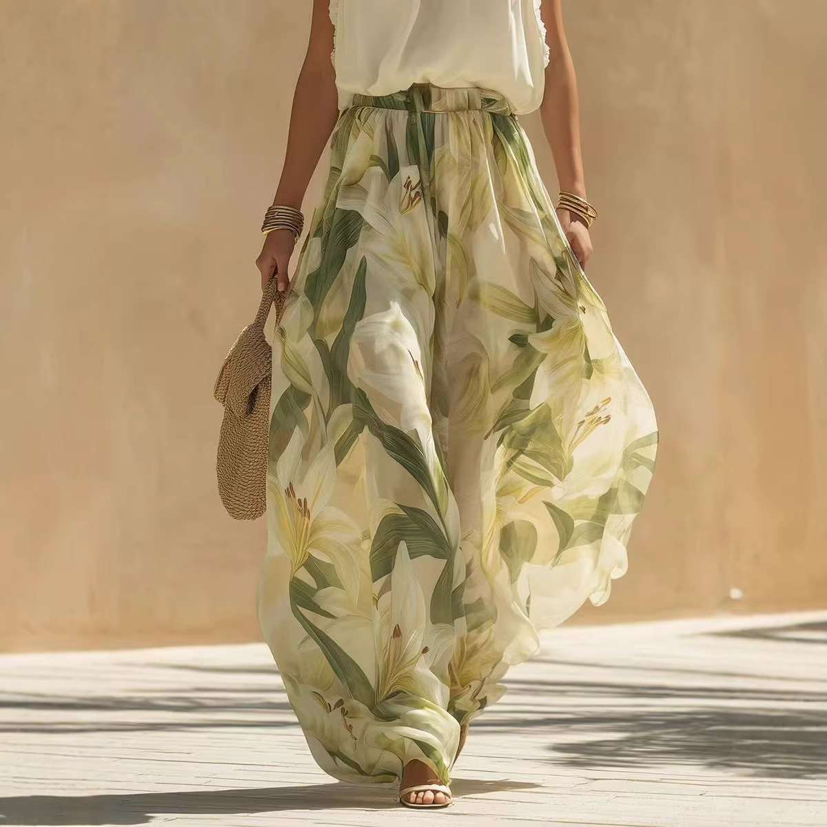 V-Neck Waist-Cinching Ruffle Floral Dress
