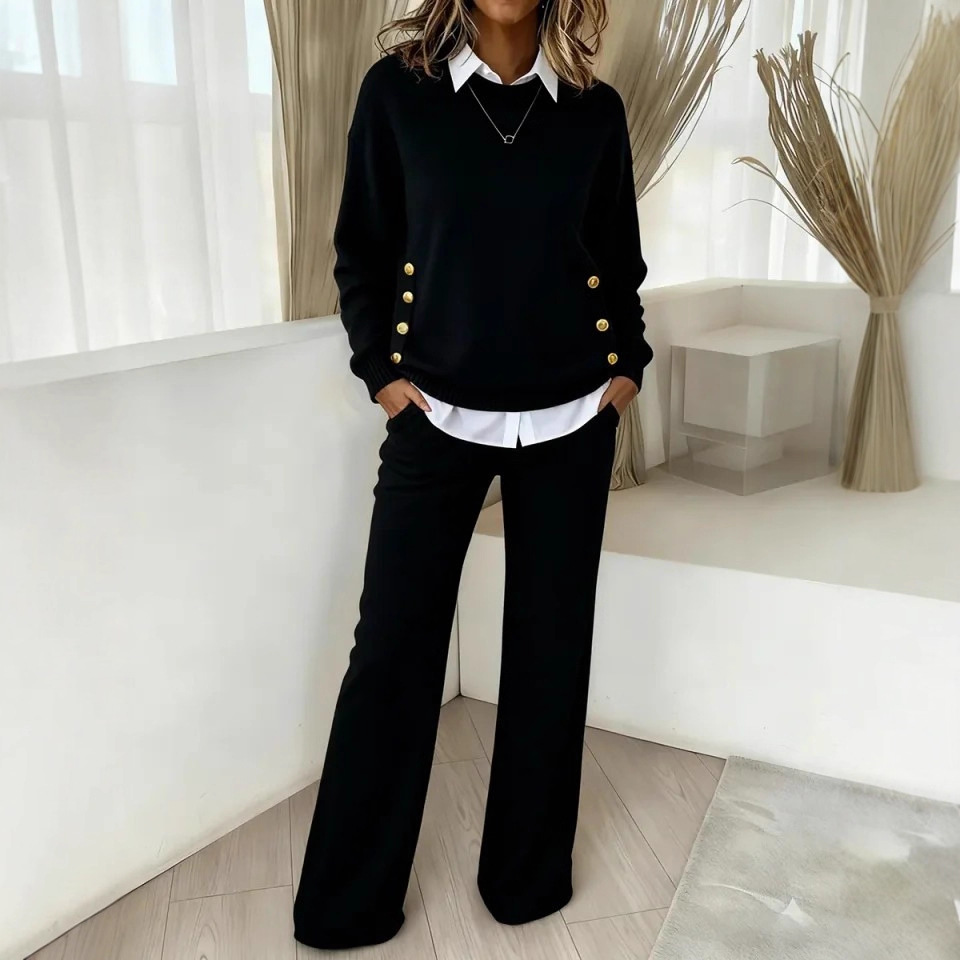 Button-Detail Faux-Layer Sweatshirt Set