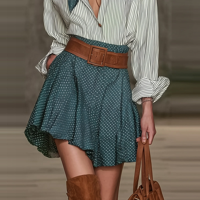 Colorblock Retro Shirt & Skirt Set with Ribbon Detail