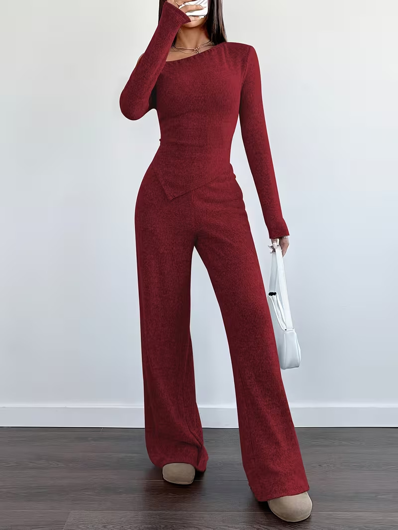 Women's One-Shoulder Knit Two-Piece Set Slim Fit Long Sleeve Top & Wide Leg Pants