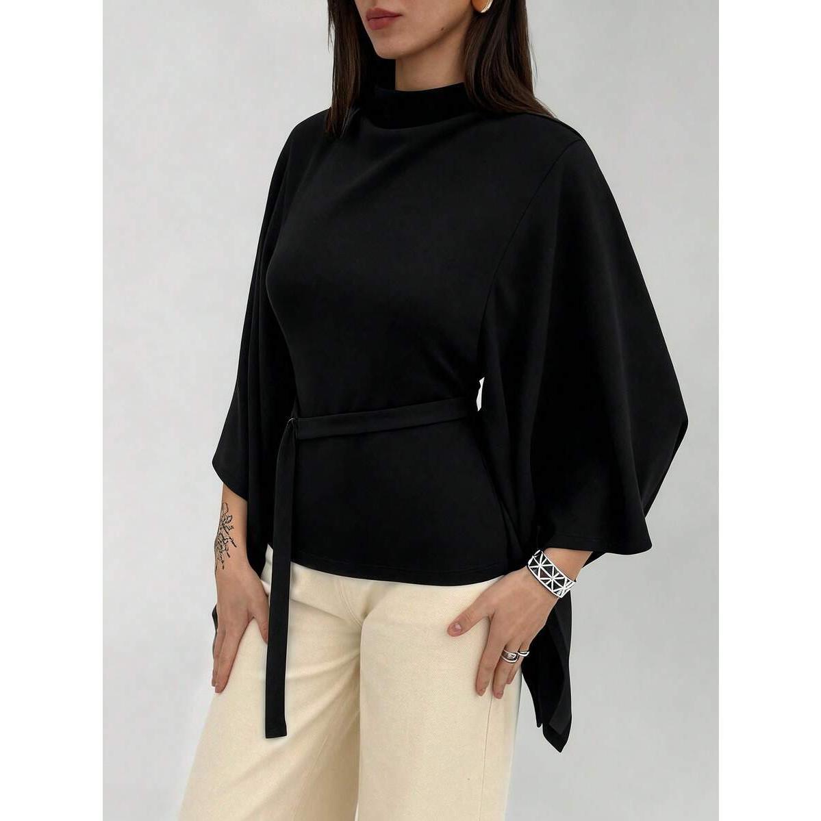 Women's Round Neck Batwing Sleeve Wrap Top Solid Color Waist-Cinching Elegant