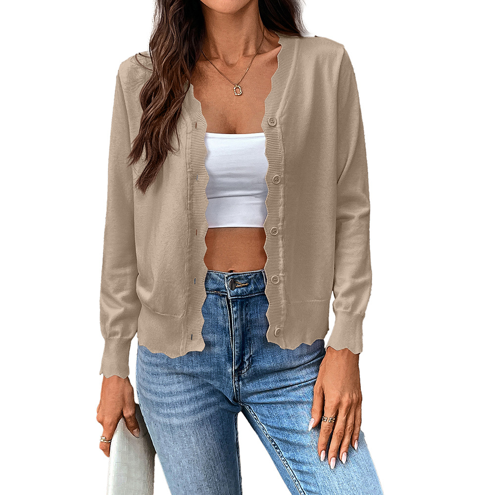 V-Neck Long-Sleeve Knit Cardigan Solid Ice Silk Lightweight Women's