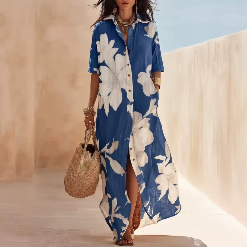 Women's Floral Print Slit Dress with Collar Loose Beach Long Dress