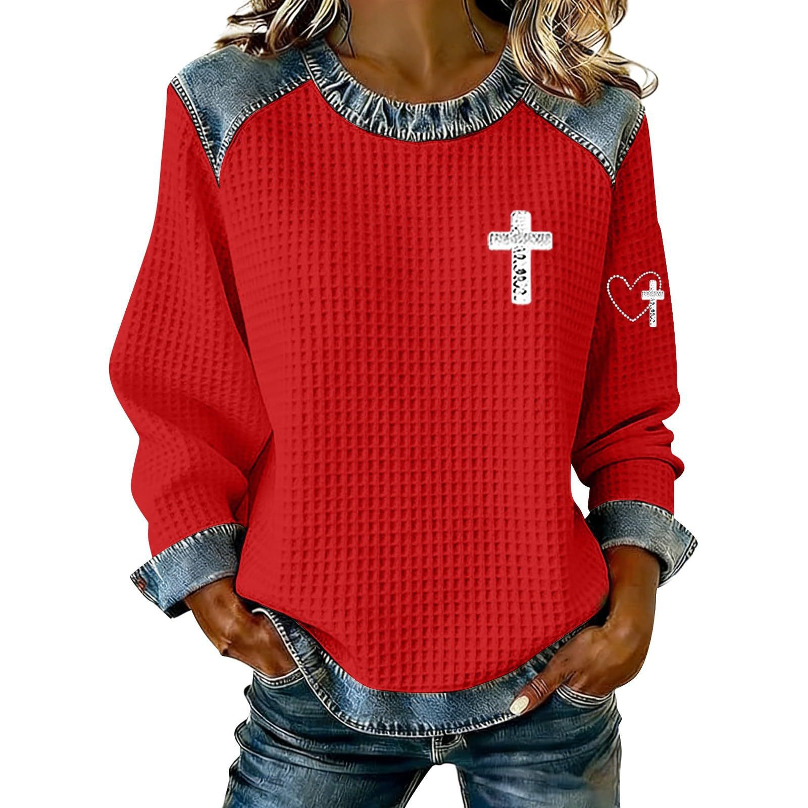 Women's Cross Print Crewneck Pullover Sweatshirt
