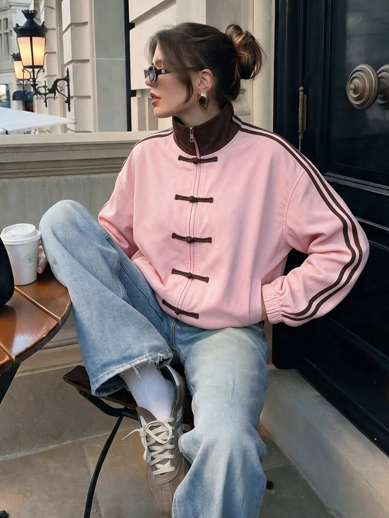 Women's New Chinese Style Frog Button Zip-Up Jacket with Stand Collar and Side Stripes