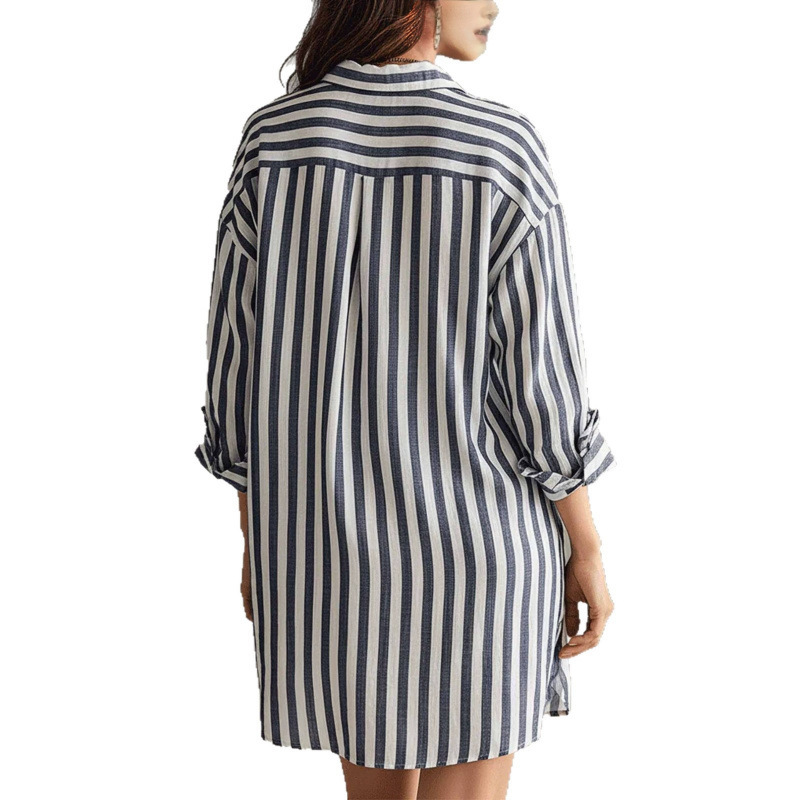 Striped Cotton-Blend A-Line Shirt Dress with Pockets, 3/4 Sleeve, Loose Fit