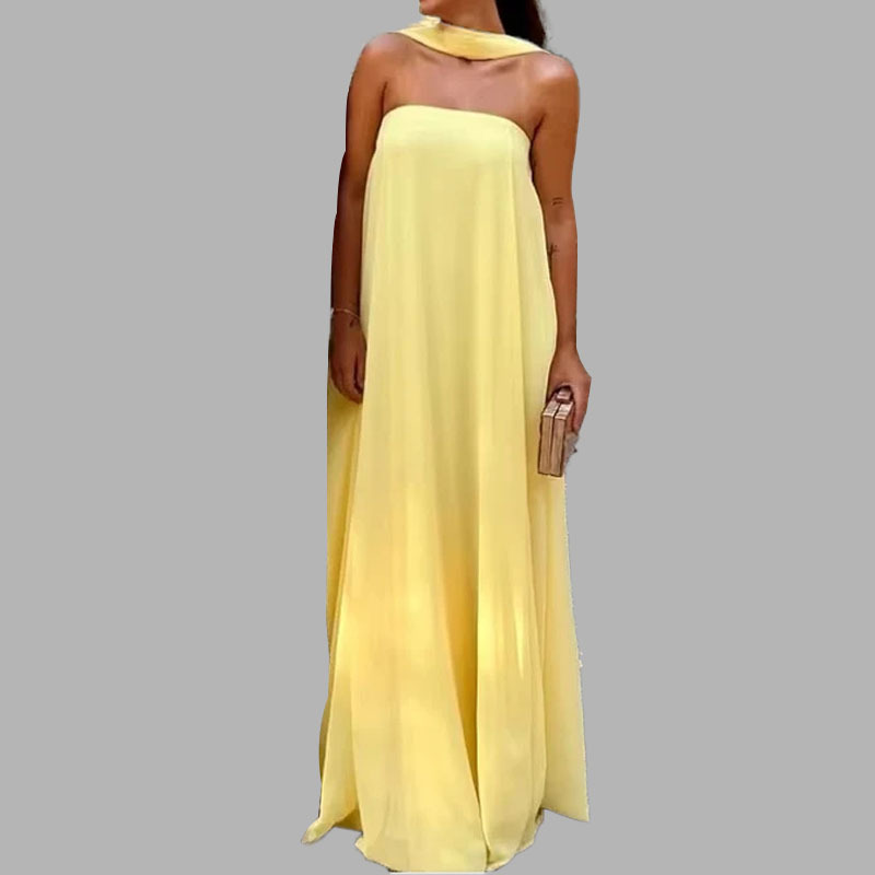 Women's Strapless Long Evening Dress Solid Color High Waist
