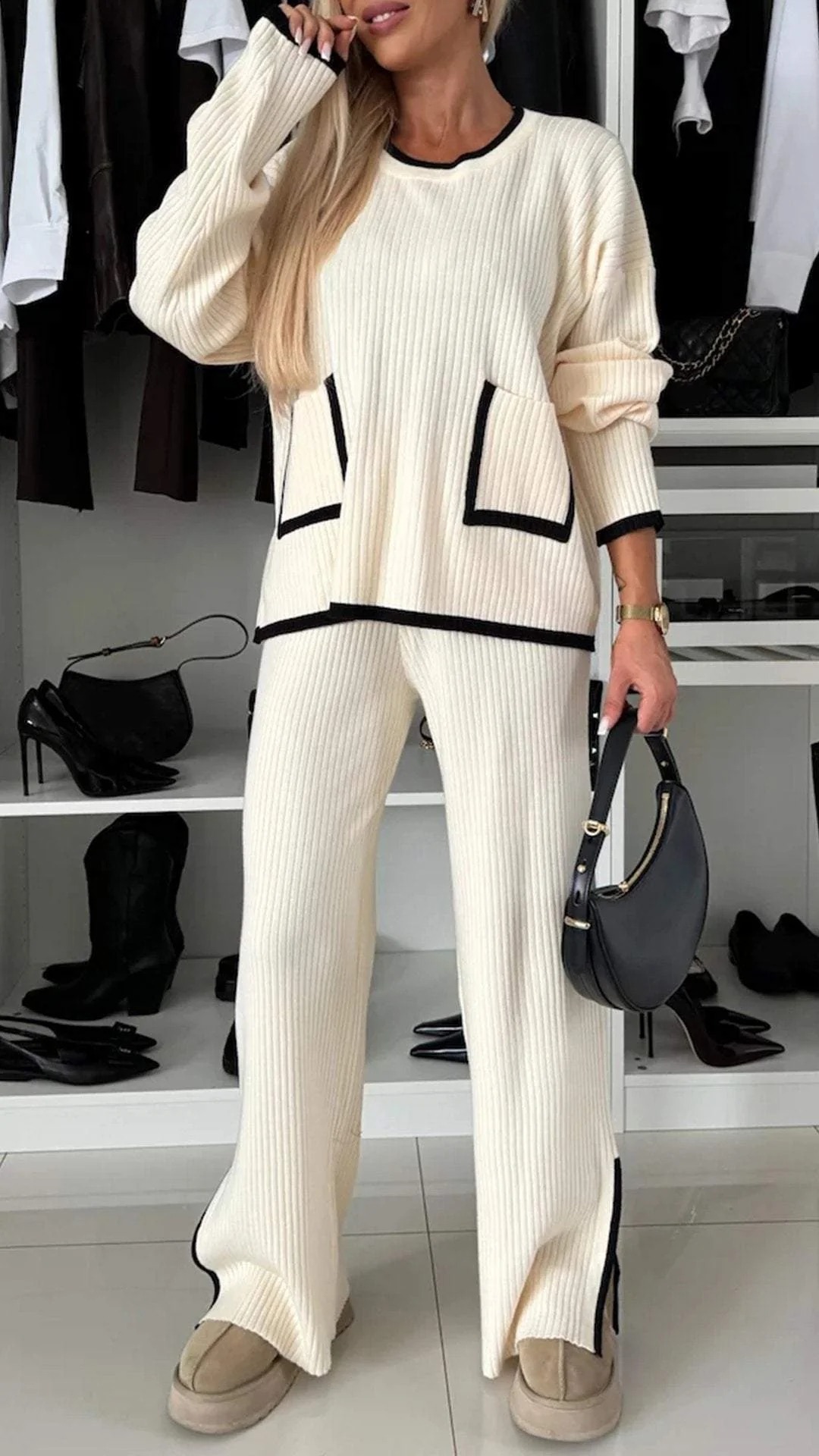 Color-Block Women's Casual Two-Piece Set with Pocket Top and Wide-Leg Pants