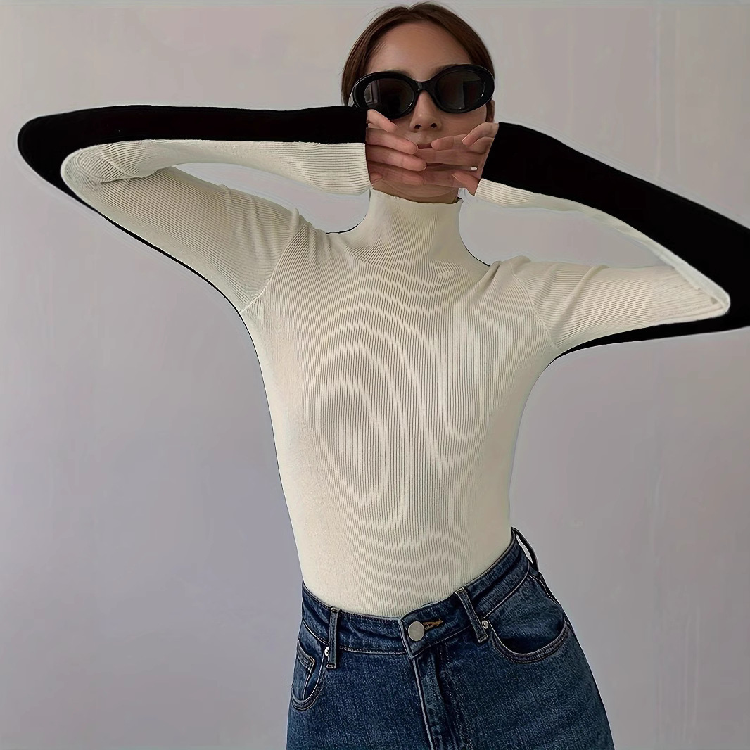 Black High-Neck Knit Sweater Slim Fit Long Sleeve