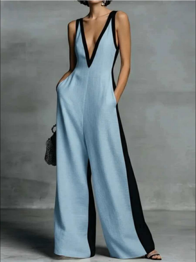 Deep V-Neck Colorblock Wide-Leg Jumpsuit