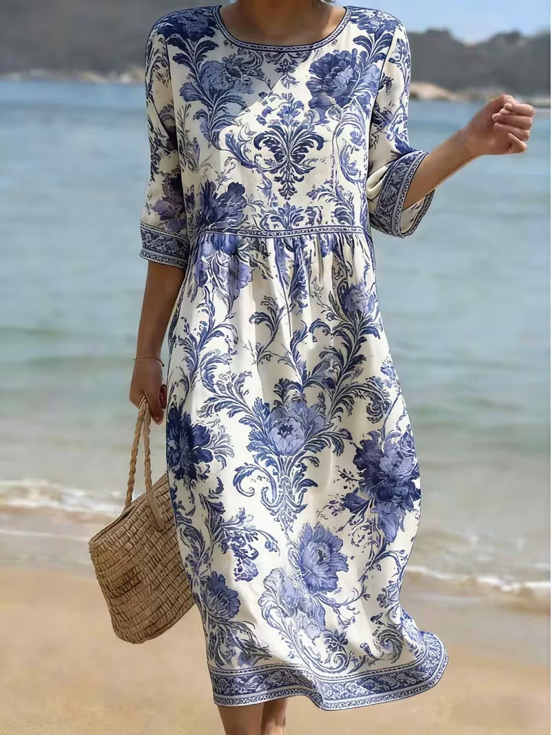 Women's Elegant Floral Print Pleated Midi Dress