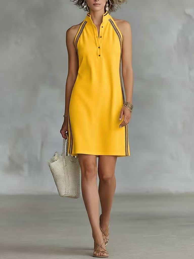 Solid Sleeveless Button Stand Collar Mini Dress