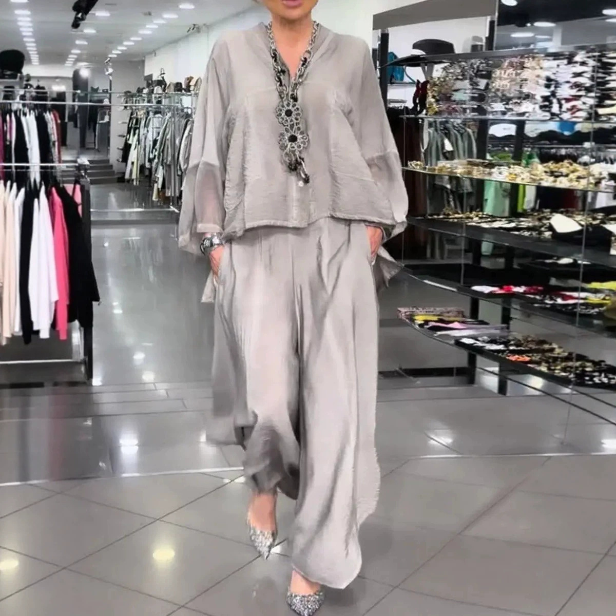 Women's Casual Loose Cotton-Linen Spliced Chiffon V-Neck Long-Sleeve Two-Piece Set