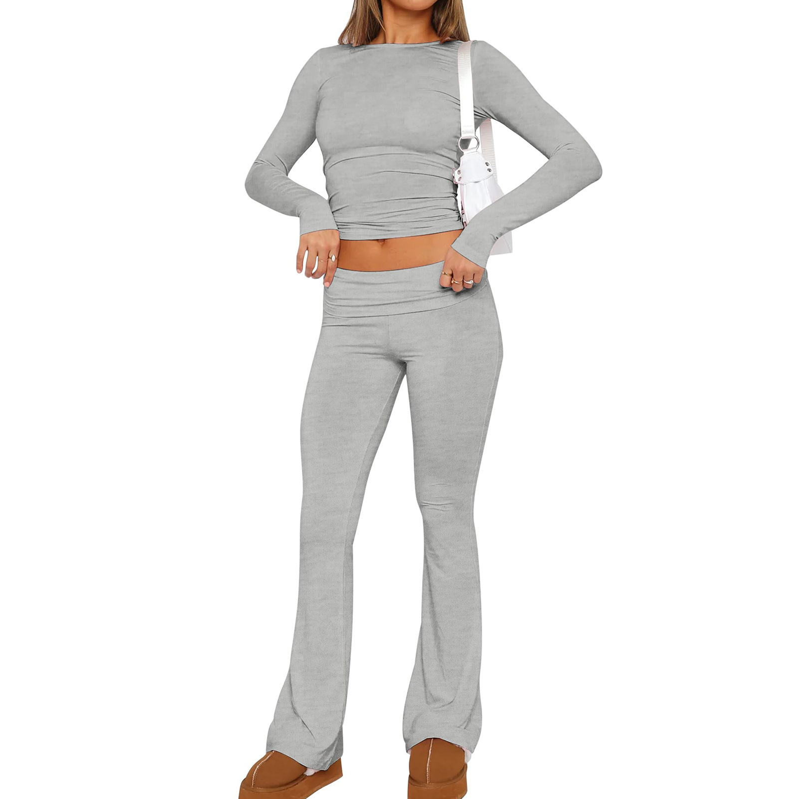 Women's Solid Color Low-Rise Flared Pants Set Slimming Casual