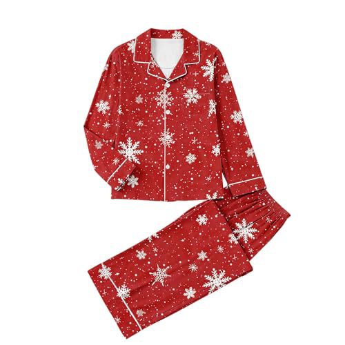 Women's Cuban Collar Christmas Snowflake Print Long Sleeve Shirt Set