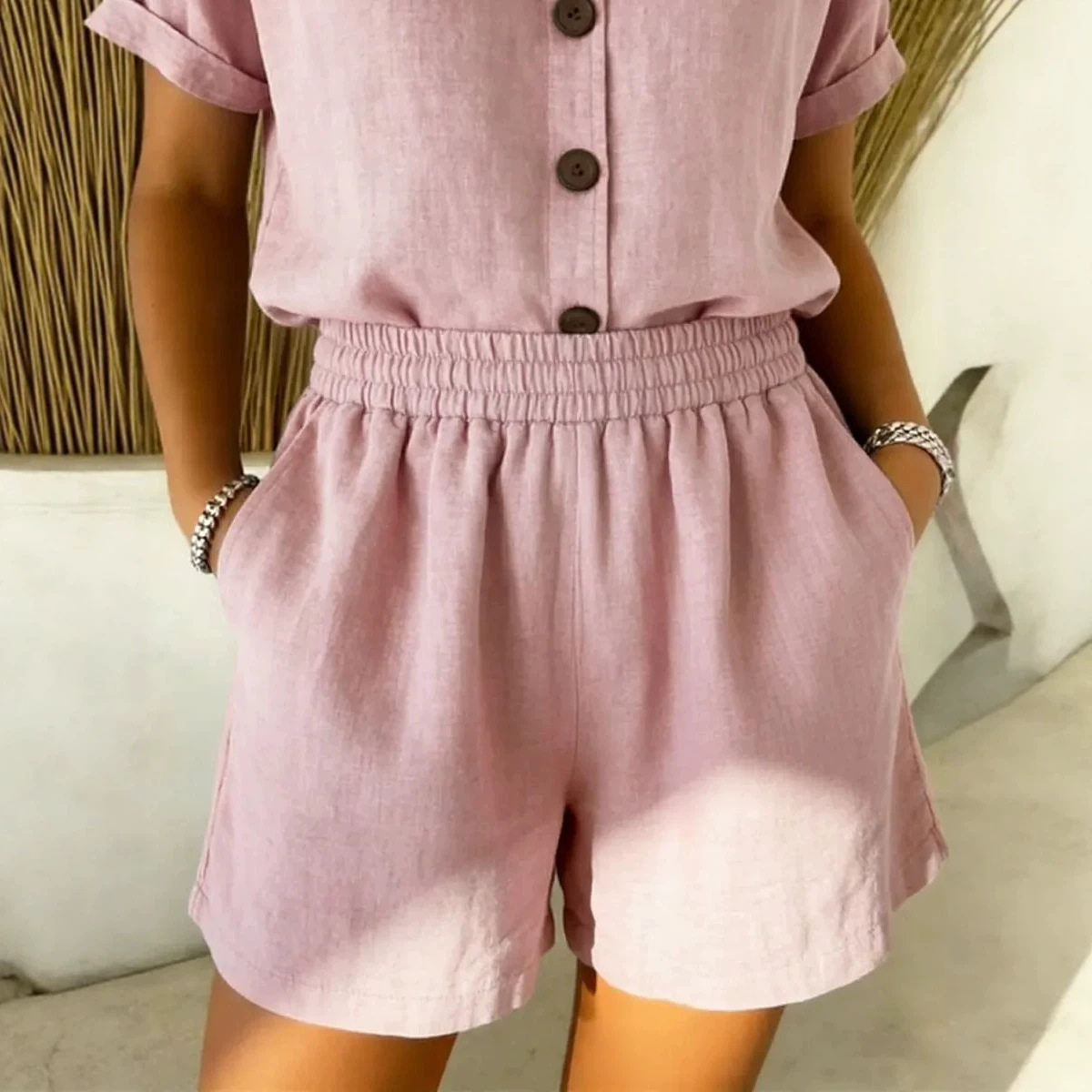 Women's Solid Color Cotton-Linen Casual Shorts with Pockets