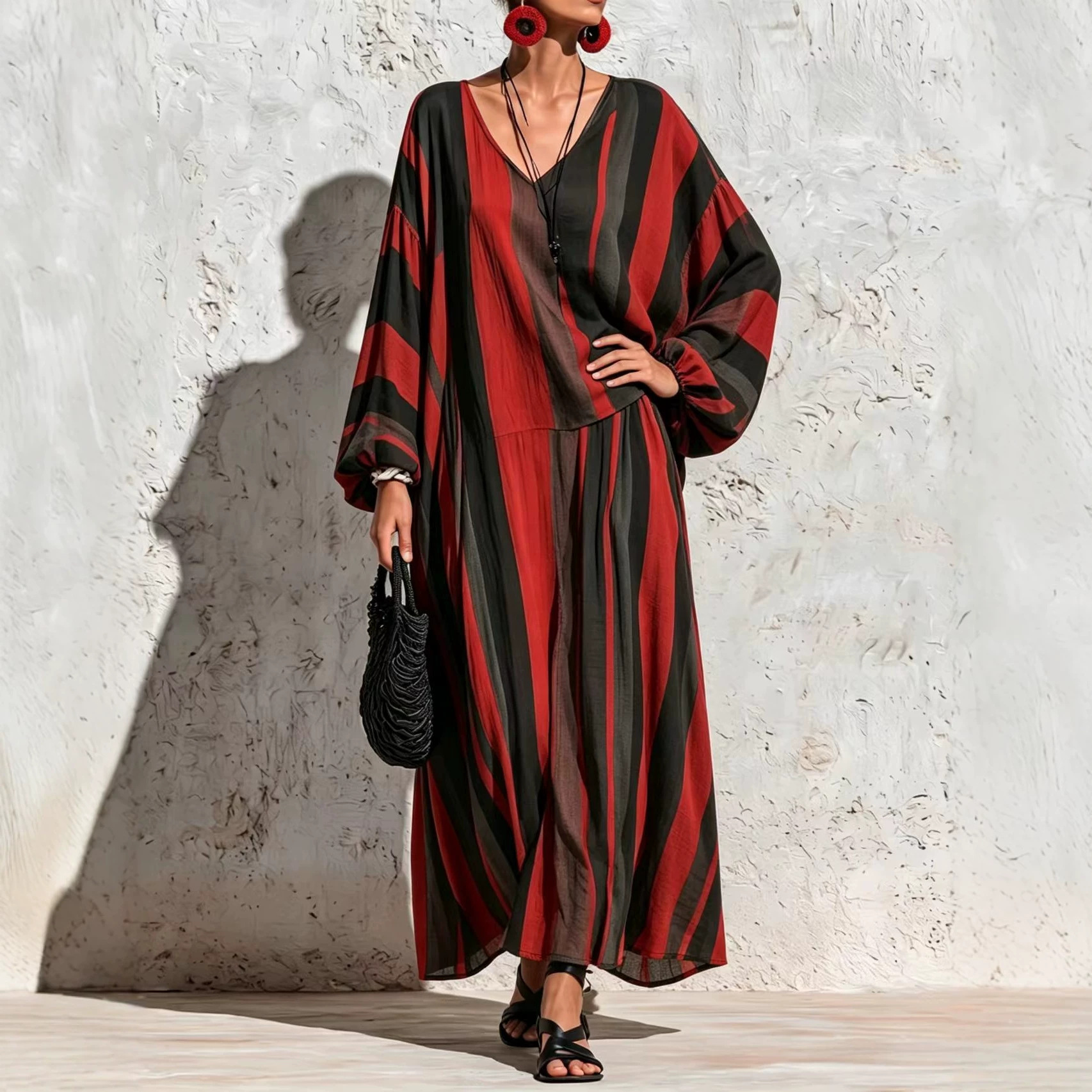 Striped Print V-Neck Long Sleeve Top & Wide-Leg Pants Set
