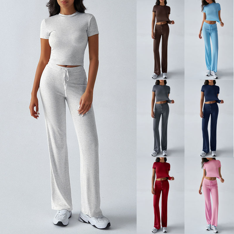 Women's Casual Two-Piece Set Short Sleeve Top & Long Pants Solid Color