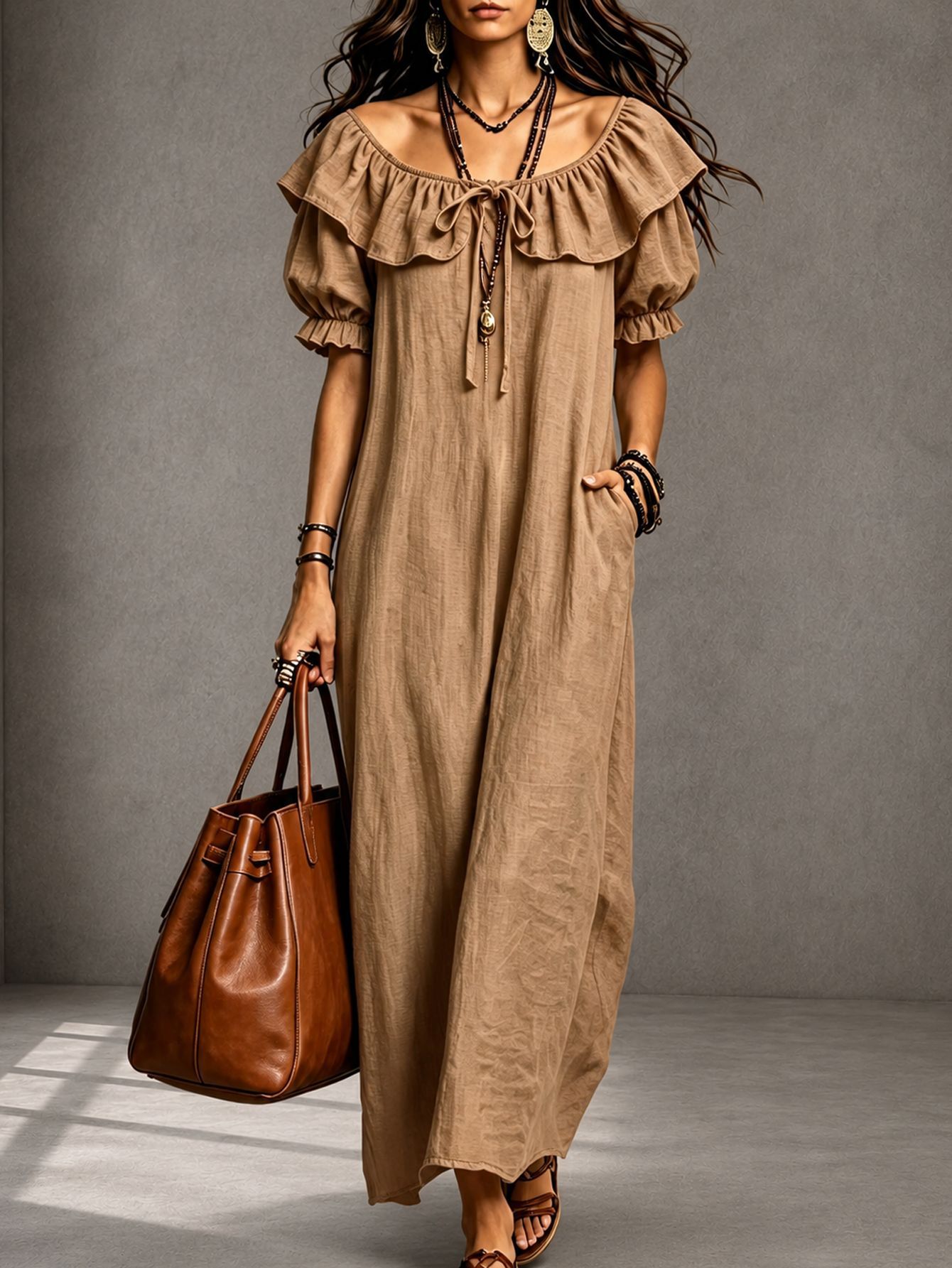 Ruffled Crew Neck A-Line Midi Dress for Beach Vacation