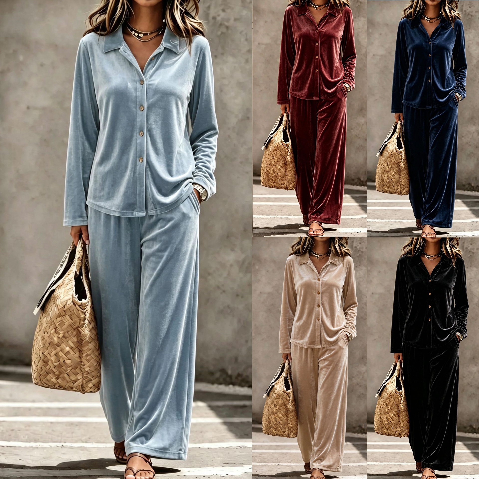 Women's Velvet Two-Piece Lounge Set with Collared Button Top and Pants