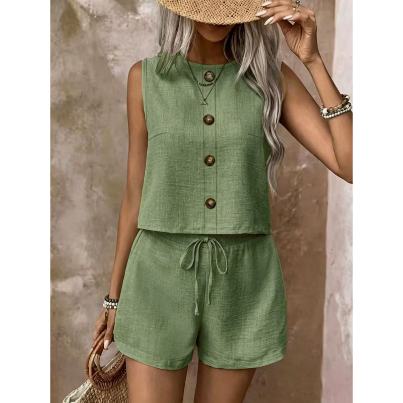 Women's Solid Color Button Sleeveless Vest and Shorts Set