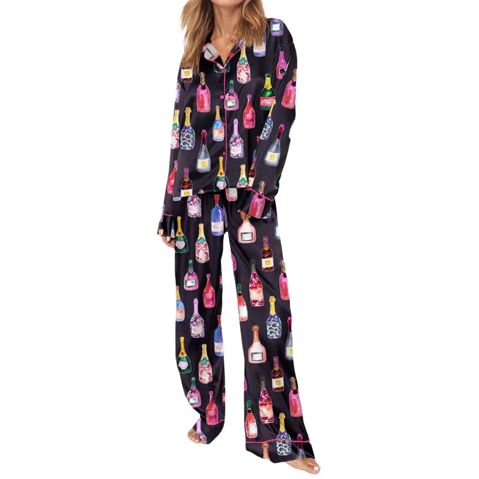 Women's Cuban Collar Long Sleeve Lounge Set with Wine Glass Print