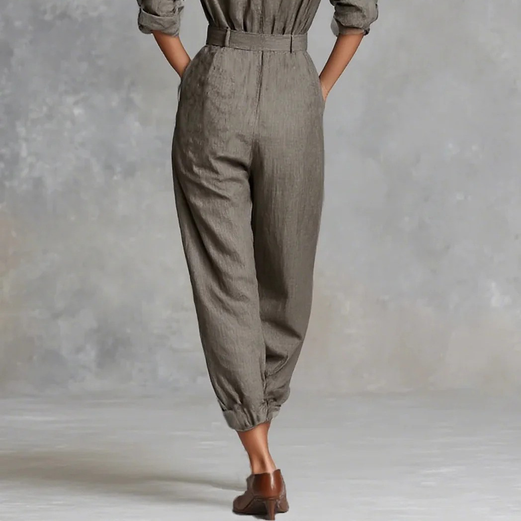Women's Cotton-Linen Long-Sleeve Button-Detail Pocket Shirt Jumpsuit