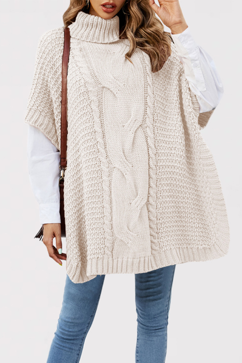 Cable-Knit Turtleneck Poncho Sweater Women's Loose Short-Sleeve Pullover