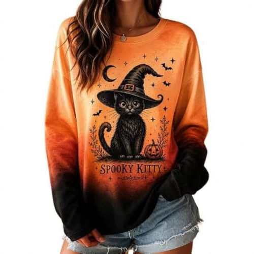 Women's Halloween Witch Hat Cat Print Sweatshirt