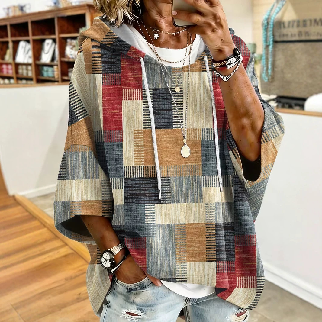 Women's Plaid Colorblock Print Casual Hoodie