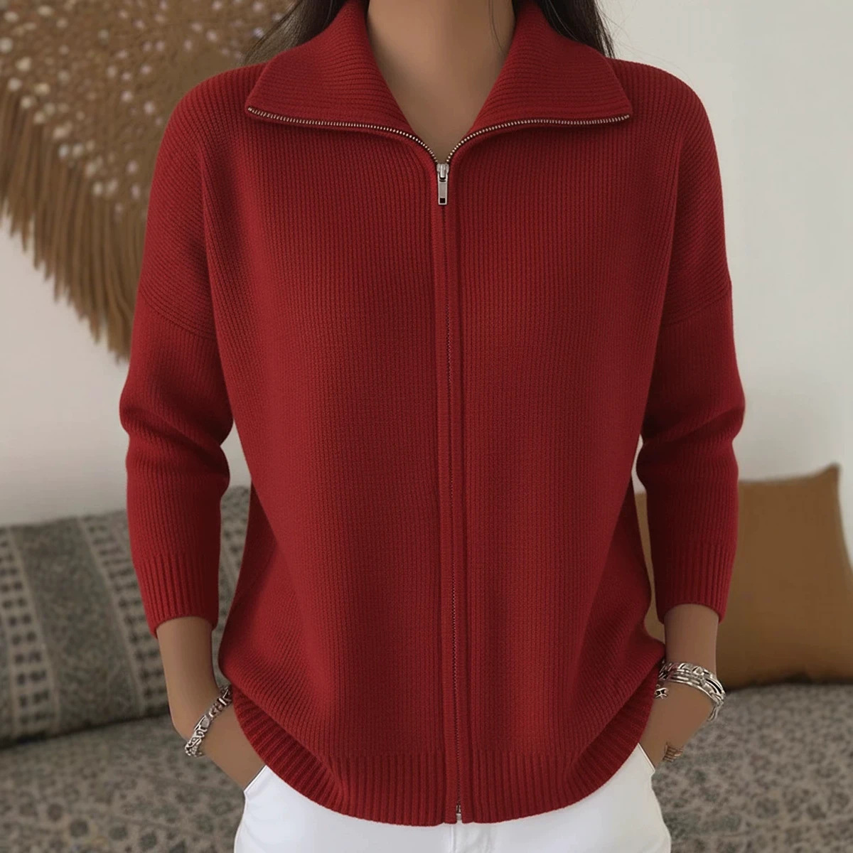 Women's Zip-Up Knit Cardigan with Collar, Solid Color, Relaxed Fit