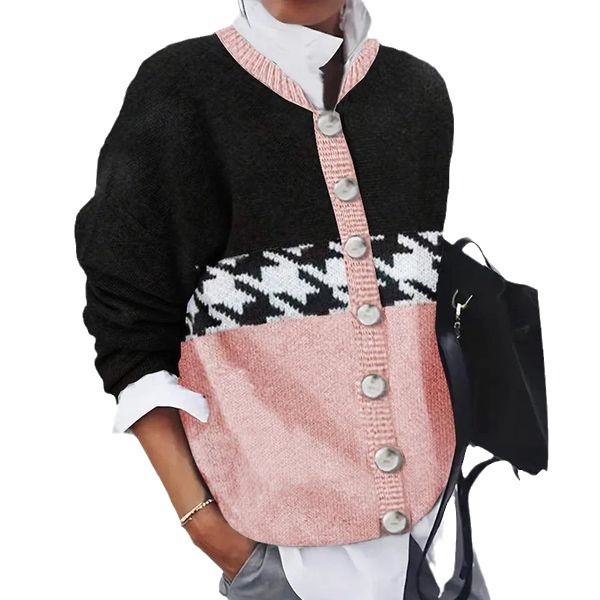 Pattern Print Round Neck Soft Knit Sweater Casual Cardigan